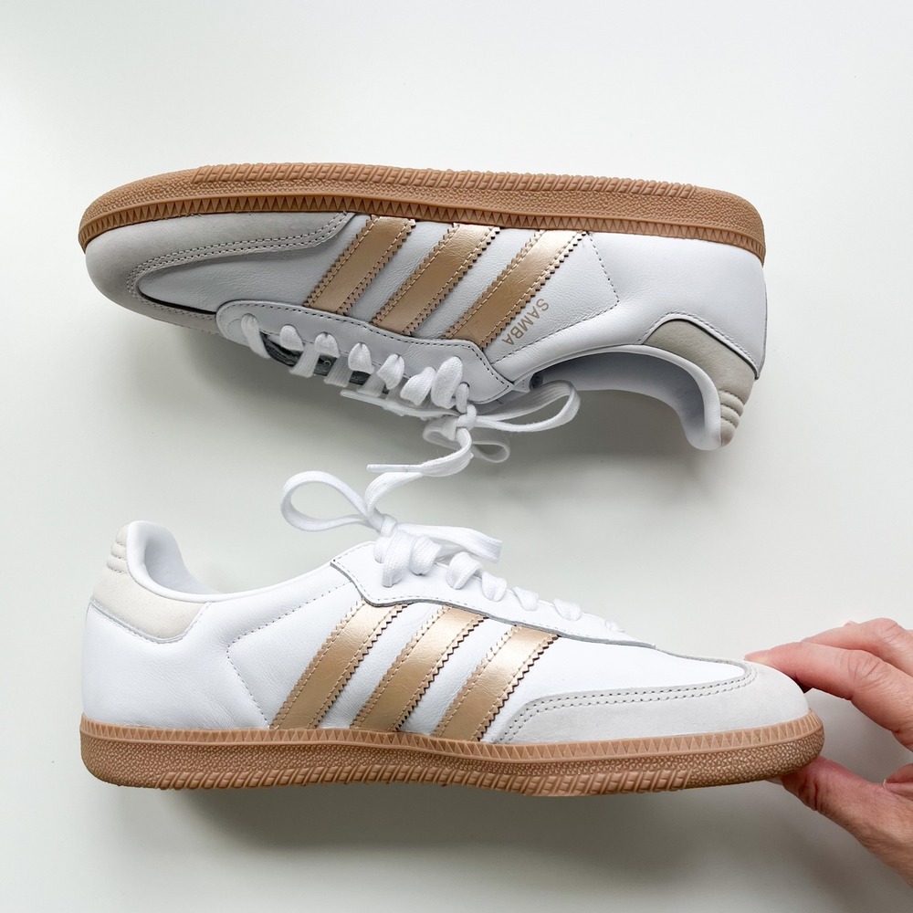 Adidas Sambas OG Sneaker Shoes Womens 8.5 White Gold Metallic - Picture 3 of 8